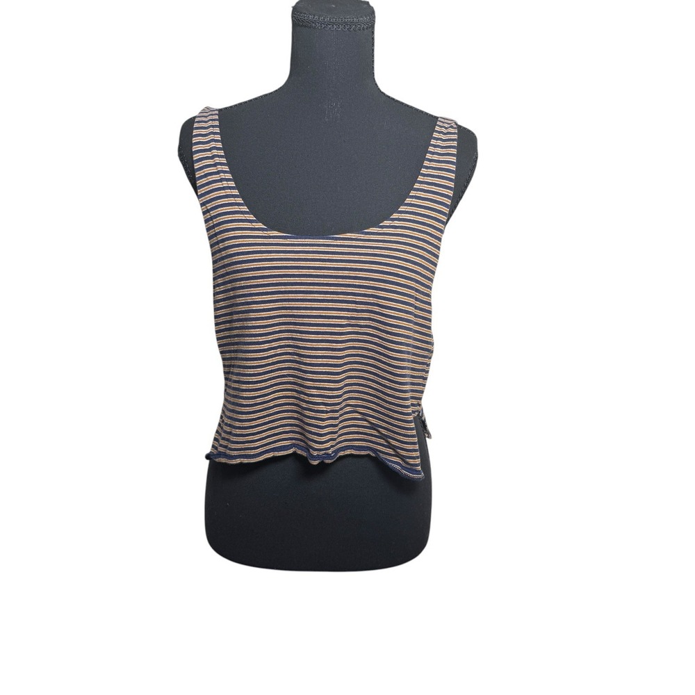 RVCA Tank Top Women Medium Blue Gold Excellent Striped Cropped Raw Hem Slits